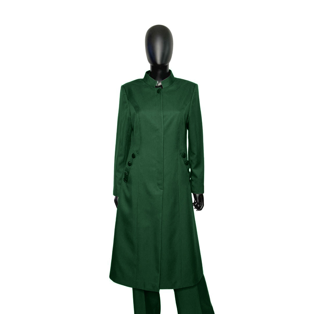 Whole body front view of the Cheryl three-piece evergreen essence garment on a mannequin, designed for Muslim sisters in the Nation of Islam who value women's modest clothing.