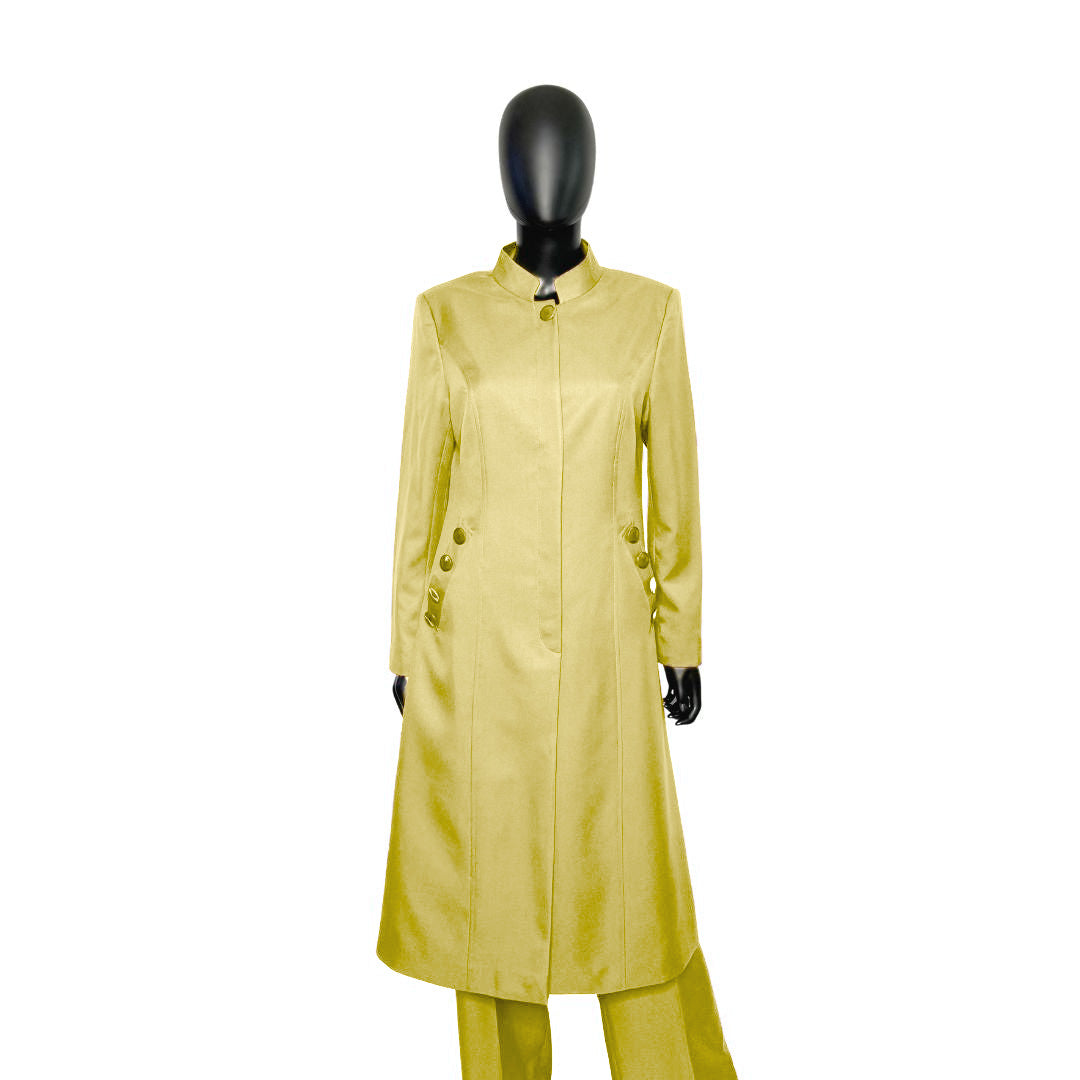 Whole body front view of the Cheryl three-piece golden sand garment on a mannequin, designed for Muslim sisters in the Nation of Islam who value women's modest clothing.