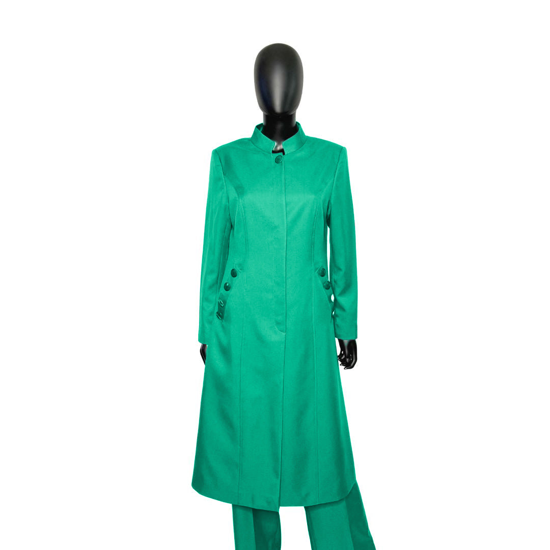 Whole body front view of the Cheryl three-piece jade glow garment on a mannequin, designed for Muslim sisters in the Nation of Islam who value women's modest clothing.