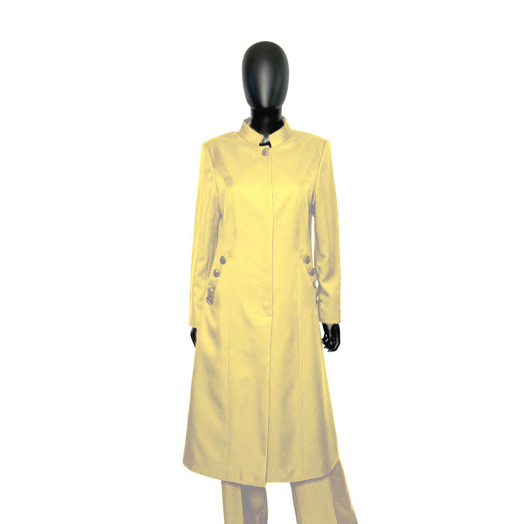 Whole body front view of the Cheryl three-piece lemon zest garment on a mannequin, designed for Muslim sisters in the Nation of Islam who value women's modest clothing.