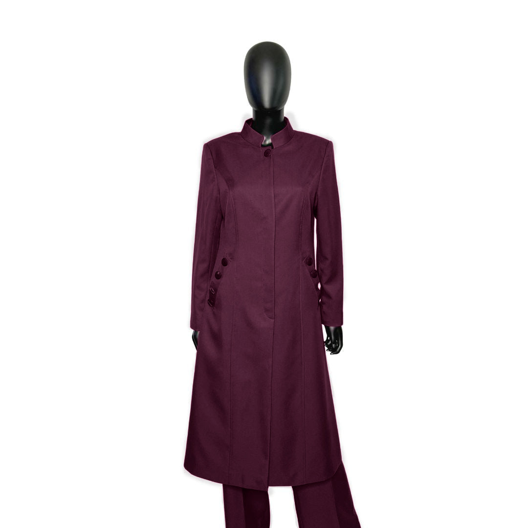 Whole body front view of the Cheryl three-piece mystic berry garment on a mannequin, designed for Muslim sisters in the Nation of Islam who value women's modest clothing.