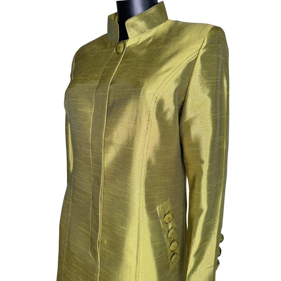 Tilted upper front view of the Cheryl three-piece olive garment on a mannequin, designed for Muslim sisters in the Nation of Islam who value women's modest clothing.