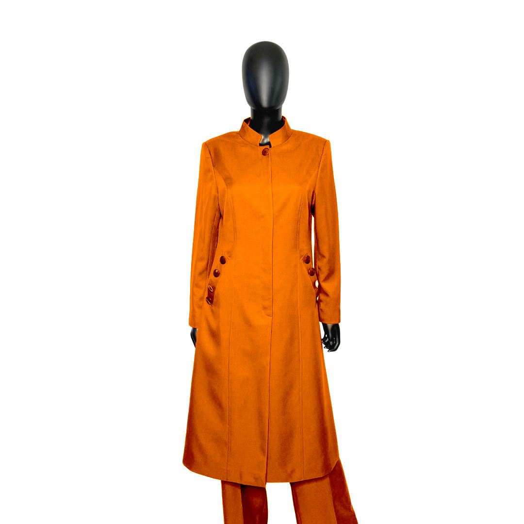 Whole body front view of the Cheryl three-piece pumpkin spice garment on a mannequin, designed for Muslim sisters in the Nation of Islam who value women's modest clothing.