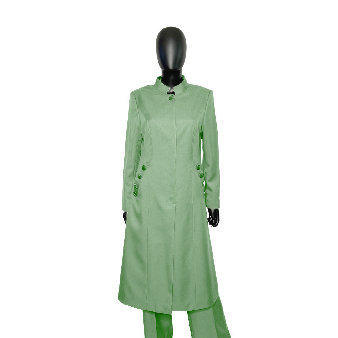 Whole body front view of the Cheryl three-piece sage serenity garment on a mannequin, designed for Muslim sisters in the Nation of Islam who value women's modest clothing.