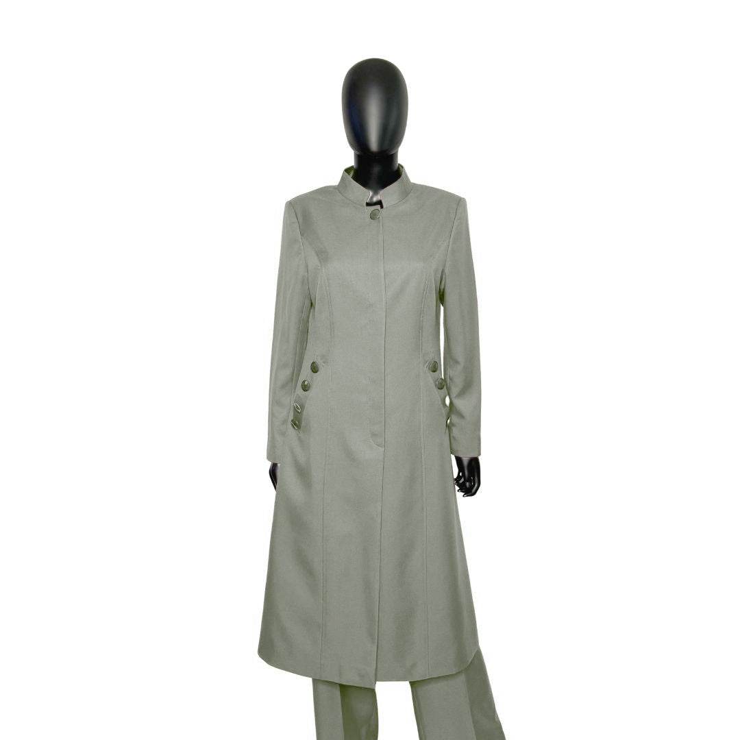 Whole body front view of the Cheryl three-piece soft stone garment on a mannequin, designed for Muslim sisters in the Nation of Islam who value women's modest clothing.