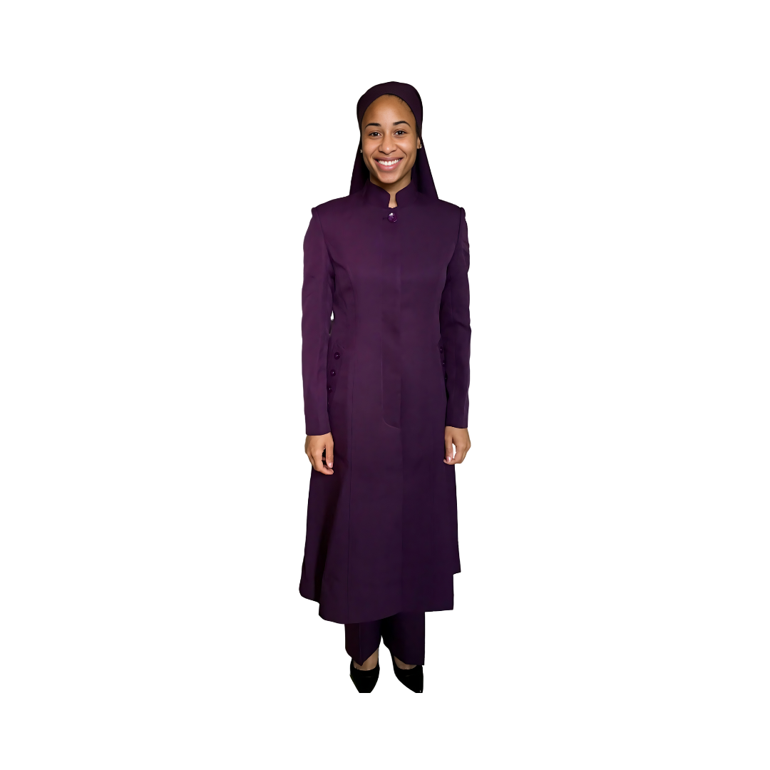 Full-body front view of Cheryl modeling the Cheryl three-piece dark fuchsia garment designed for Muslim sisters in the Nation of Islam who value women's modest clothing.