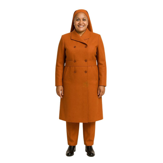 Woman wearing an orange coat and hijab on a white background