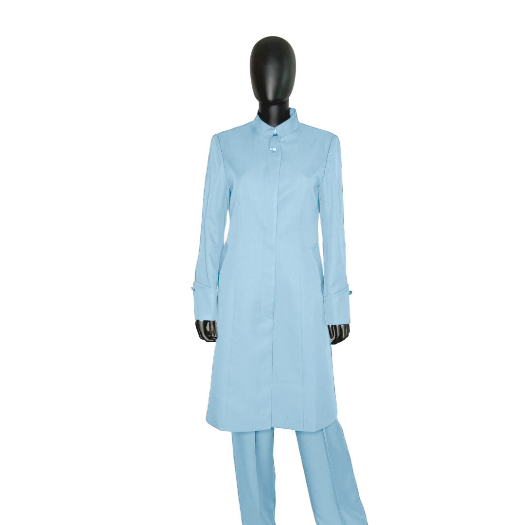 Whole body front view of the Hasana three-piece baby blue garment on a mannequin, designed for Muslim sisters in the Nation of Islam who value women's modest clothing.