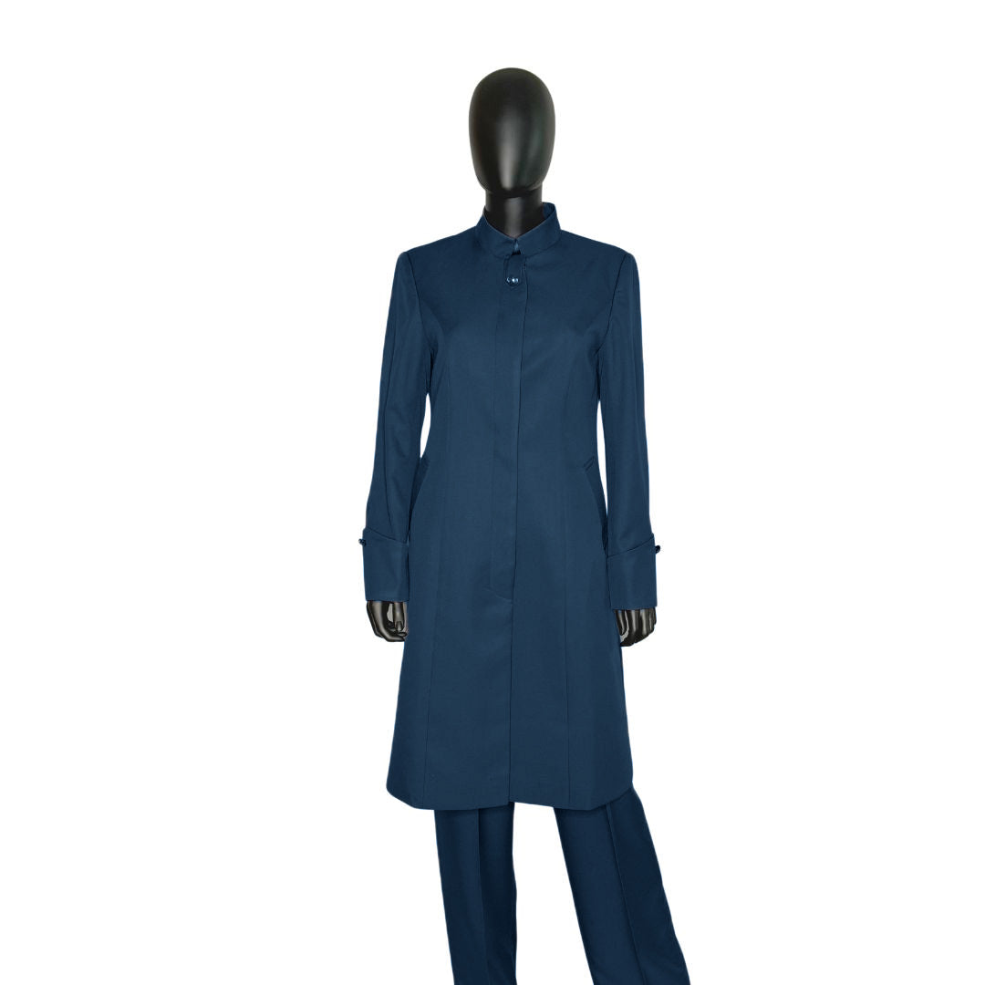 Whole body front view of the Hasana three-piece blue onyx garment on a mannequin, designed for Muslim sisters in the Nation of Islam who value women's modest clothing.