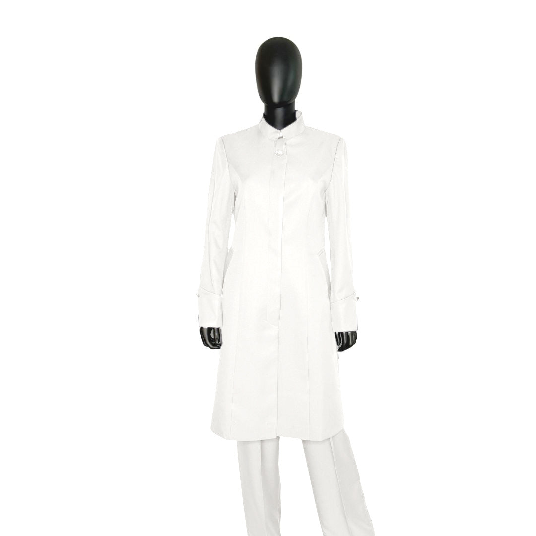 Whole body front view of the Hasana three-piece brilliant white garment on a mannequin, designed for Muslim sisters in the Nation of Islam who value women's modest clothing.