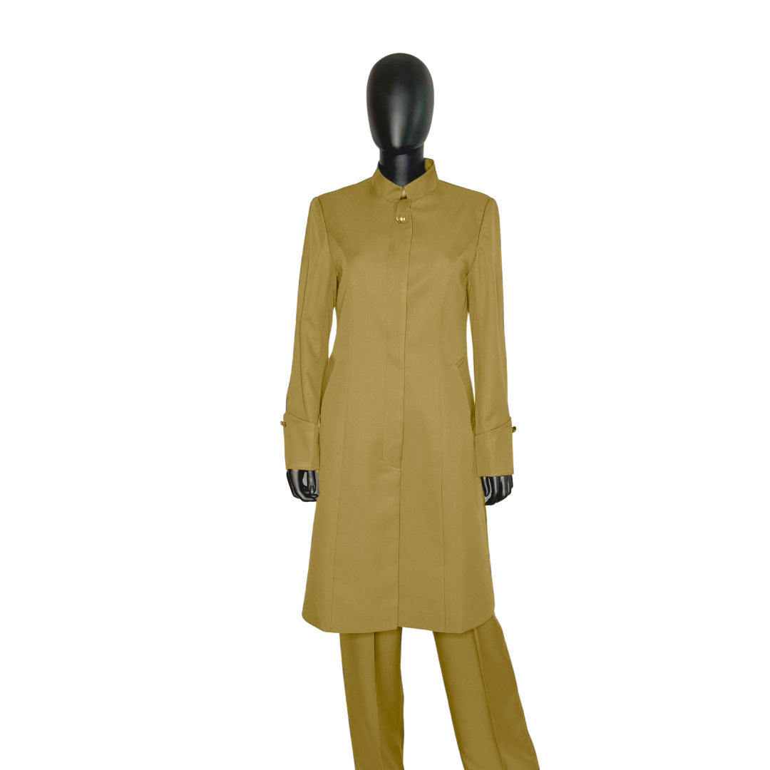 Whole body front view of the Hasana three-piece brush garment on a mannequin, designed for Muslim sisters in the Nation of Islam who value women's modest clothing.