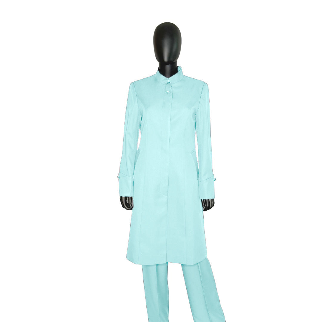 Whole body front view of the Hasana three-piece calm waters garment on a mannequin, designed for Muslim sisters in the Nation of Islam who value women's modest clothing.