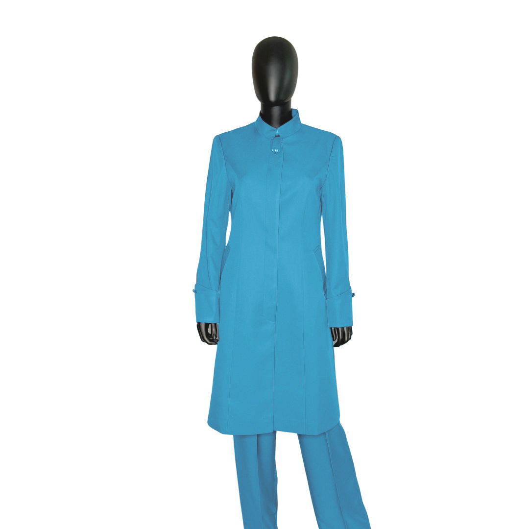 Whole body front view of the Hasana three-piece cerulean wave garment on a mannequin, designed for Muslim sisters in the Nation of Islam who value women's modest clothing.