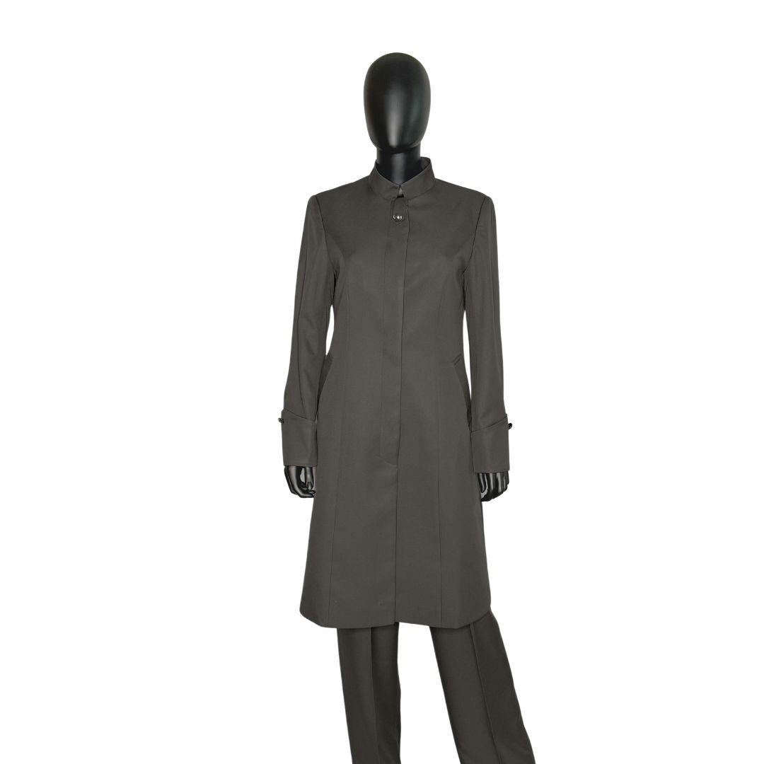 Whole body front view of the Hasana three-piece charcoal grove garment on a mannequin, designed for Muslim sisters in the Nation of Islam who value women's modest clothing.