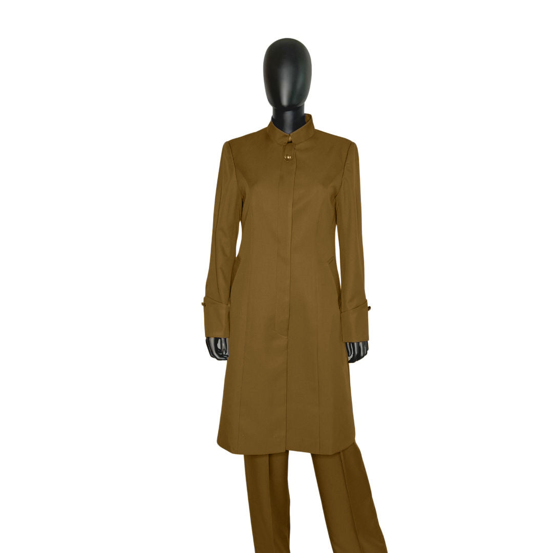 Whole body front view of the Hasana three-piece cocoa dream garment on a mannequin, designed for Muslim sisters in the Nation of Islam who value women's modest clothing.