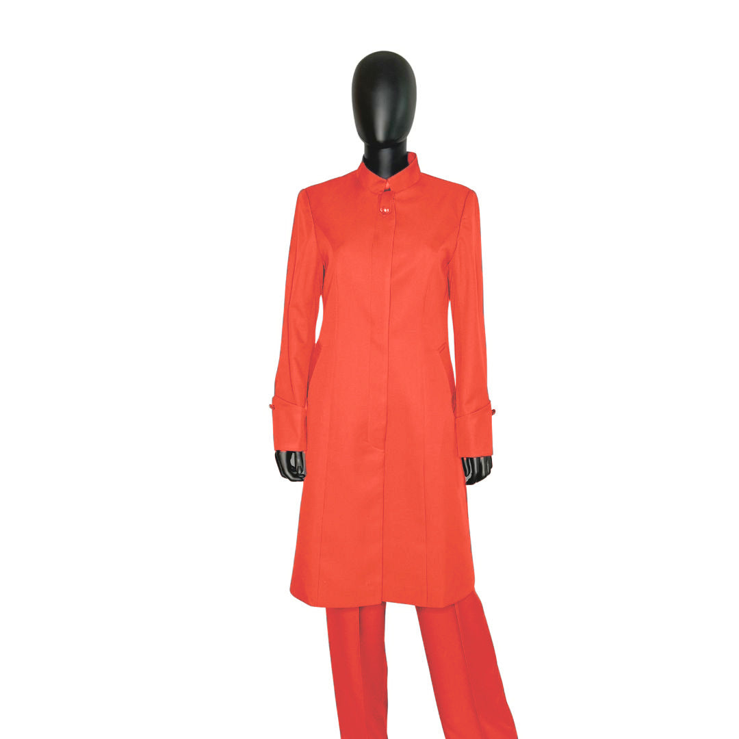 Whole body front view of the Hasana three-piece coral blaze garment on a mannequin, designed for Muslim sisters in the Nation of Islam who value women's modest clothing.