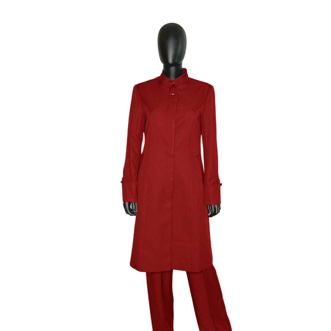 Whole body front view of the Hasana three-piece crimson embrace garment on a mannequin, designed for Muslim sisters in the Nation of Islam who value women's modest clothing.