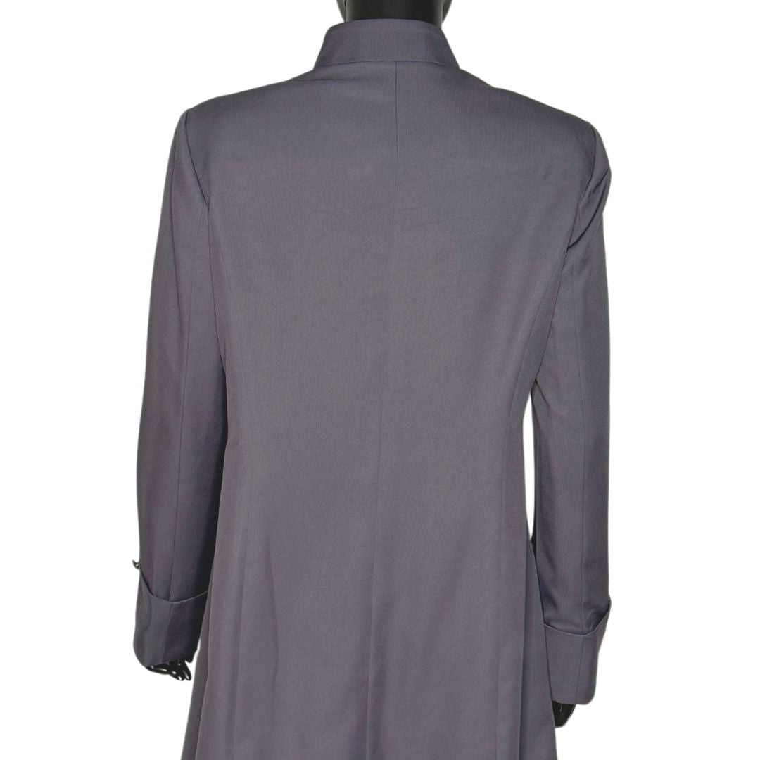 Upper body back view of the Hasana three-piece dark gray garment on a mannequin, designed for Muslim sisters in the Nation of Islam who value women's modest clothing.