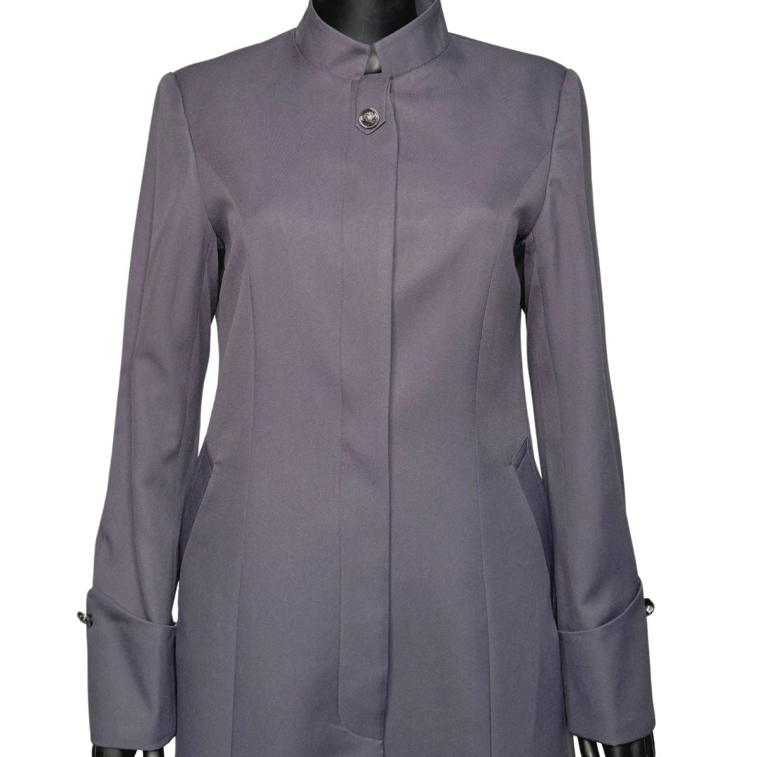 Upper body front view of the Hasana three-piece dark gray garment on a mannequin, designed for Muslim sisters in the Nation of Islam who value women's modest clothing.