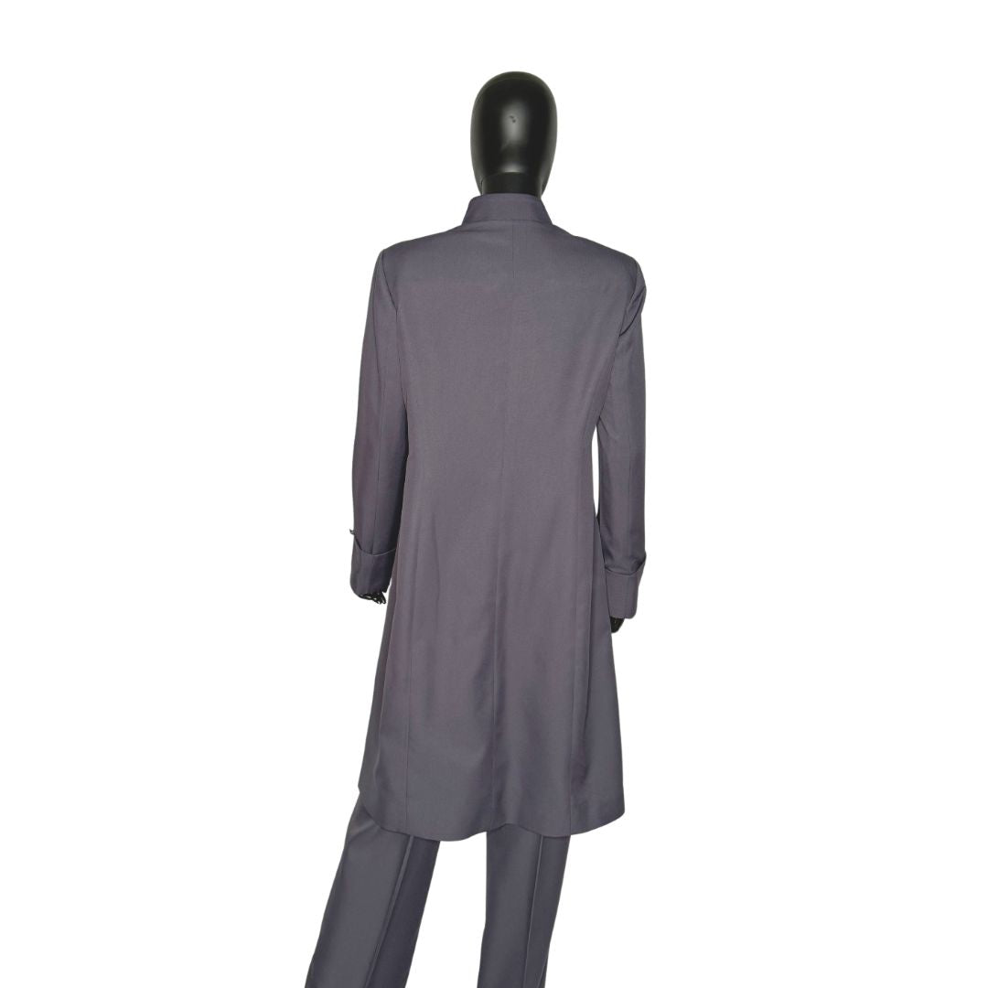 Whole body back view of the Hasana three-piece dark gray garment on a mannequin, designed for Muslim sisters in the Nation of Islam who value women's modest clothing.