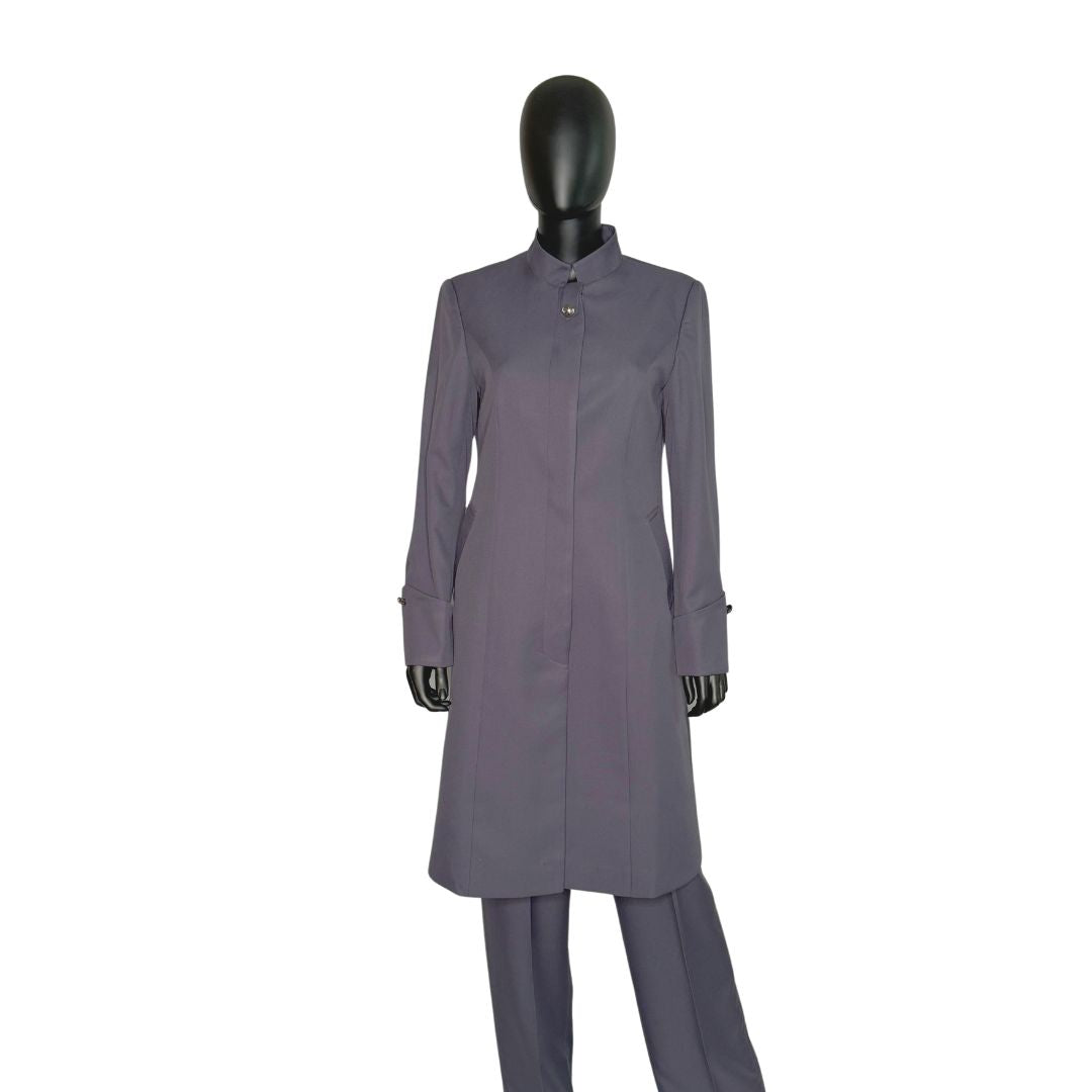 Whole body front view of the Hasana three-piece dark gray garment on a mannequin, designed for Muslim sisters in the Nation of Islam who value women's modest clothing.