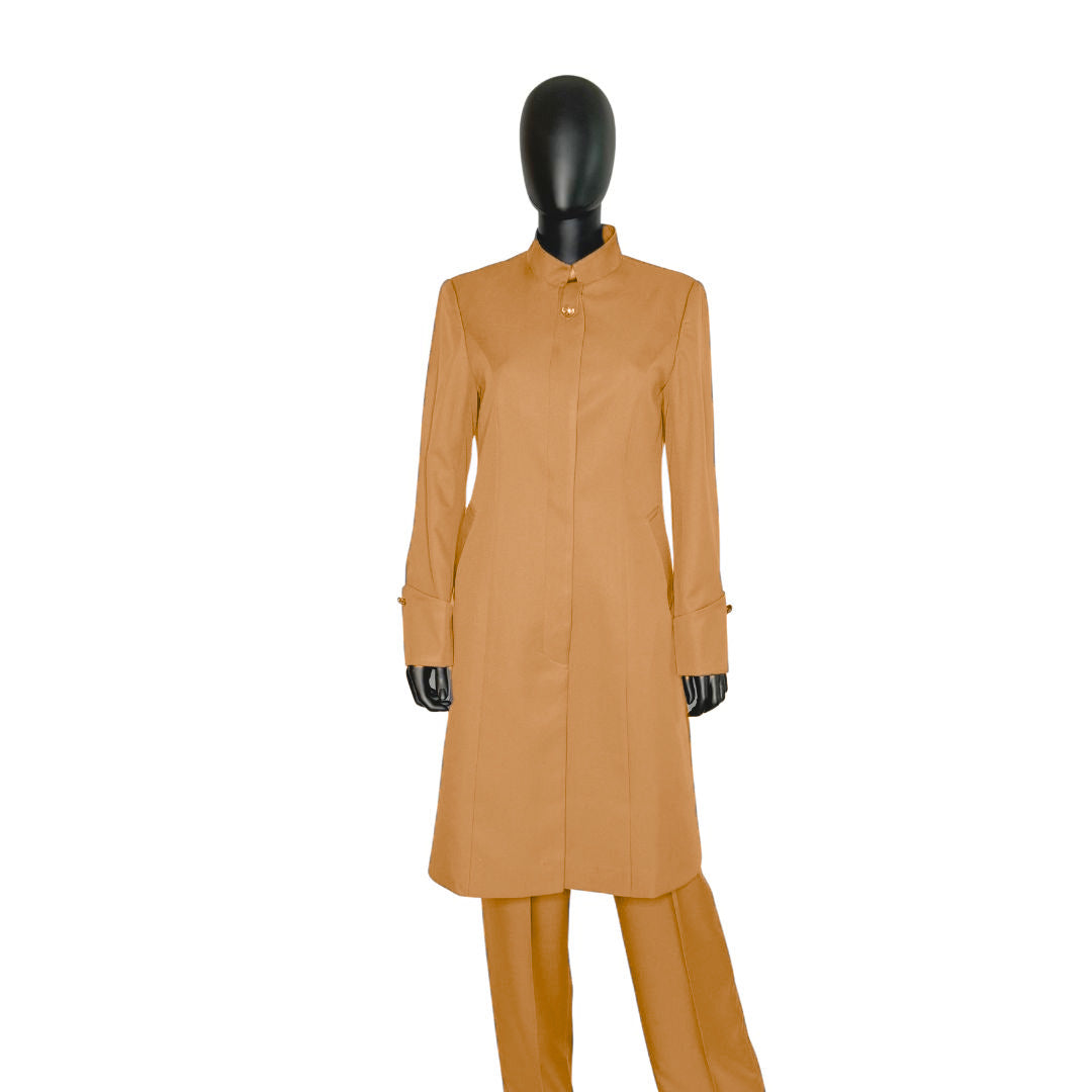 Whole body front view of the Hasana three-piece desert peach garment on a mannequin, designed for Muslim sisters in the Nation of Islam who value women's modest clothing.