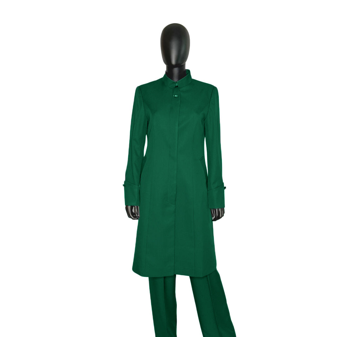 Whole body front view of the Hasana three-piece emerald green garment on a mannequin, designed for Muslim sisters in the Nation of Islam who value women's modest clothing.