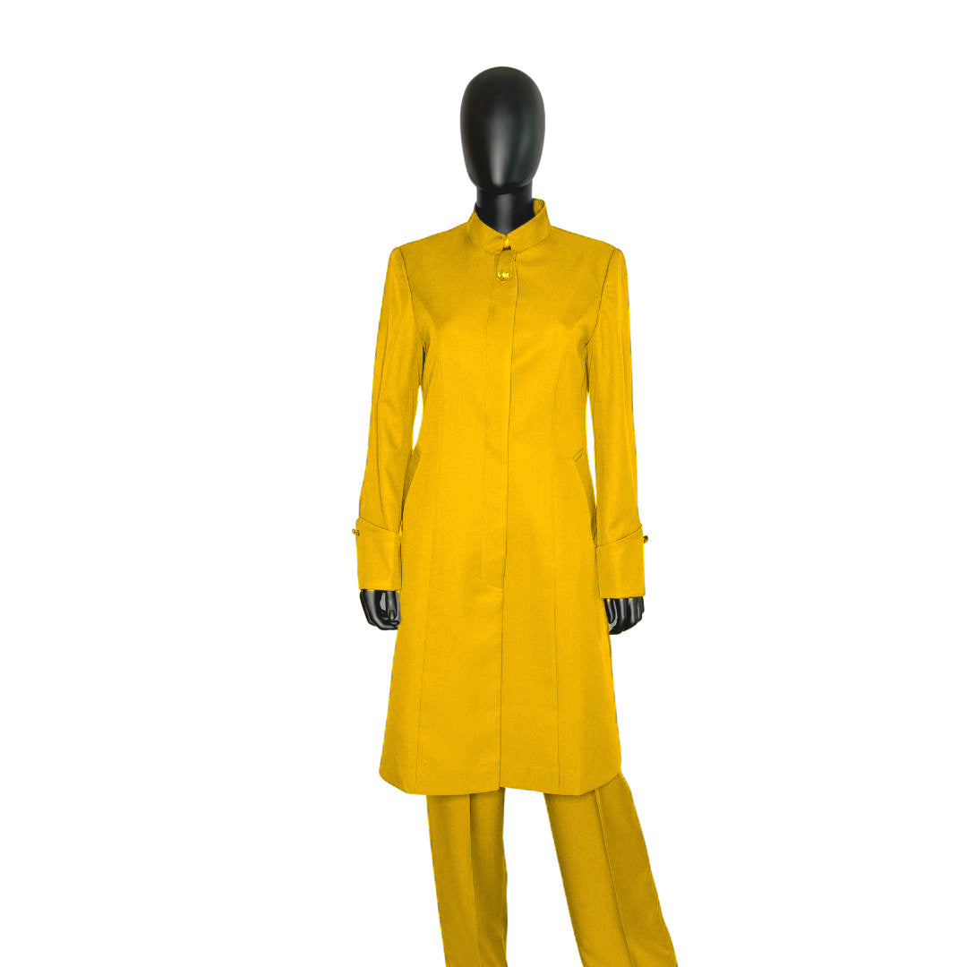 Whole body front view of the Hasana three-piece golden glow garment on a mannequin, designed for Muslim sisters in the Nation of Islam who value women's modest clothing.