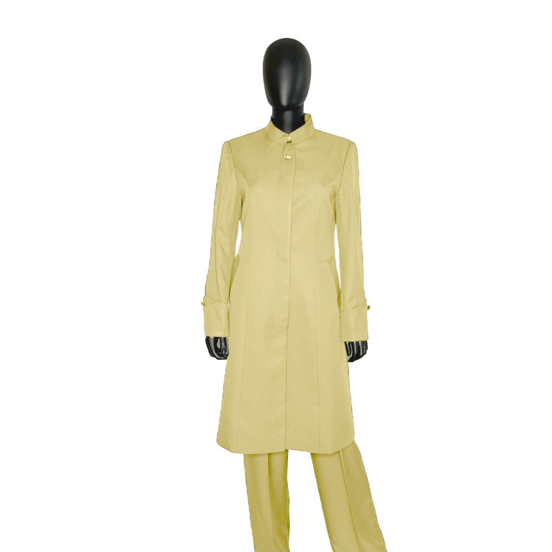 Whole body front view of the Hasana three-piece golden sand garment on a mannequin, designed for Muslim sisters in the Nation of Islam who value women's modest clothing.