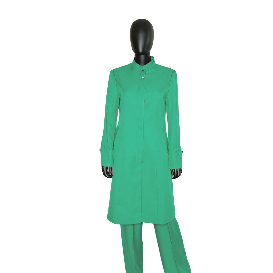 Whole body front view of the Hasana three-piece jade glow garment on a mannequin, designed for Muslim sisters in the Nation of Islam who value women's modest clothing.