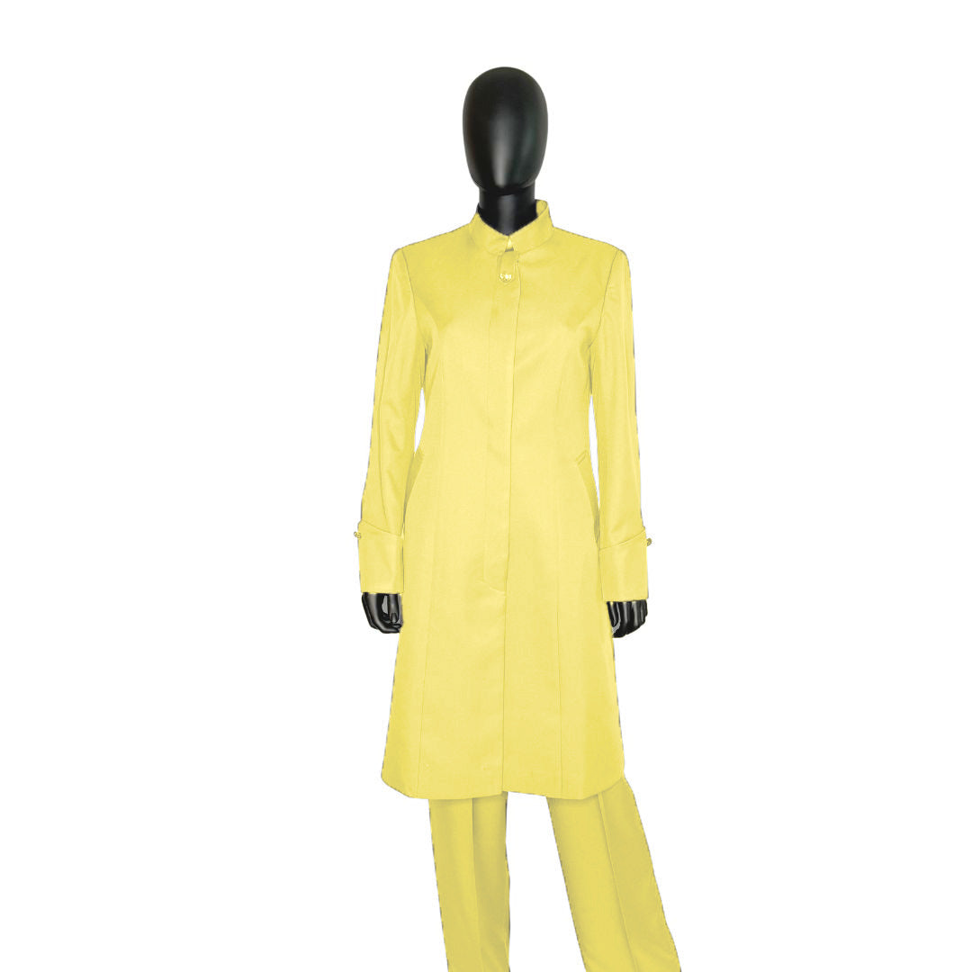 Whole body front view of the Hasana three-piece lemon zest garment on a mannequin, designed for Muslim sisters in the Nation of Islam who value women's modest clothing.