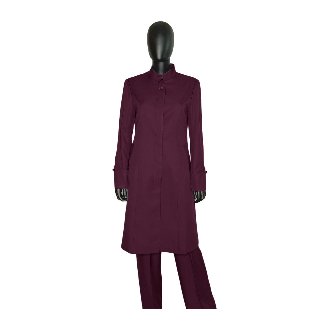 Whole body front view of the Hasana three-piece mystic berry garment on a mannequin, designed for Muslim sisters in the Nation of Islam who value women's modest clothing.