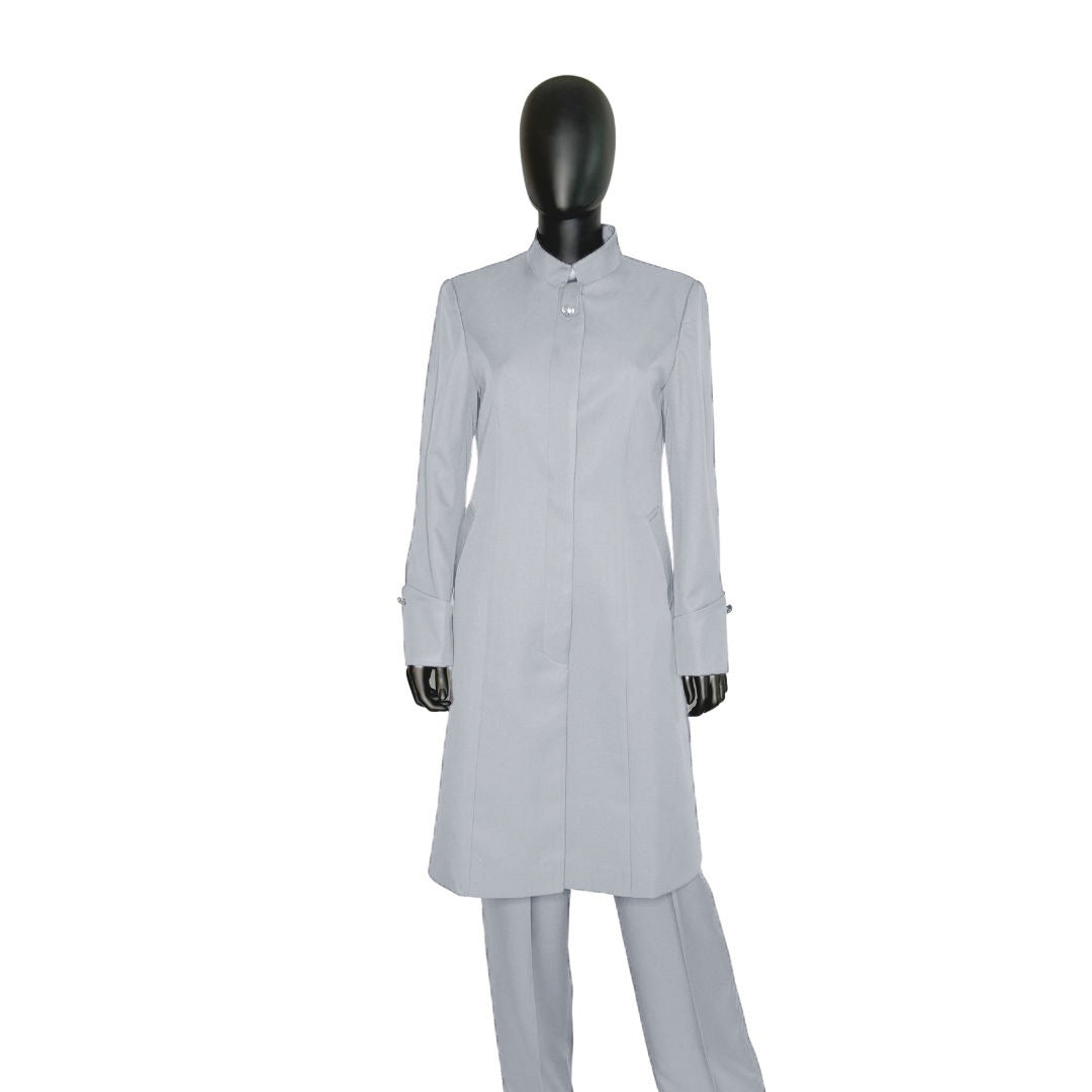 Whole body front view of the Hasana three-piece northern droplet garment on a mannequin, designed for Muslim sisters in the Nation of Islam who value women's modest clothing.