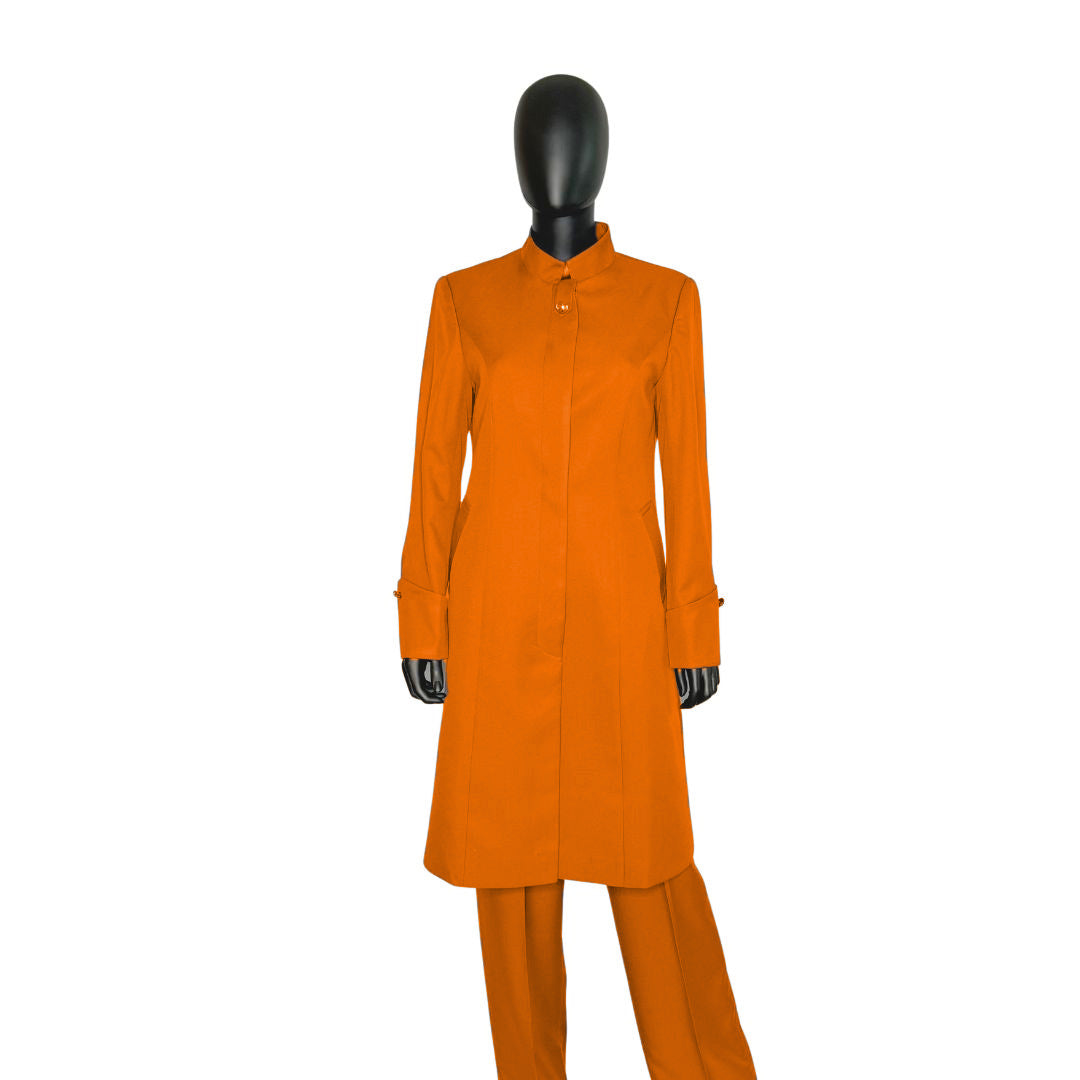 Whole body front view of the Hasana three-piece pumpkin spice garment on a mannequin, designed for Muslim sisters in the Nation of Islam who value women's modest clothing.