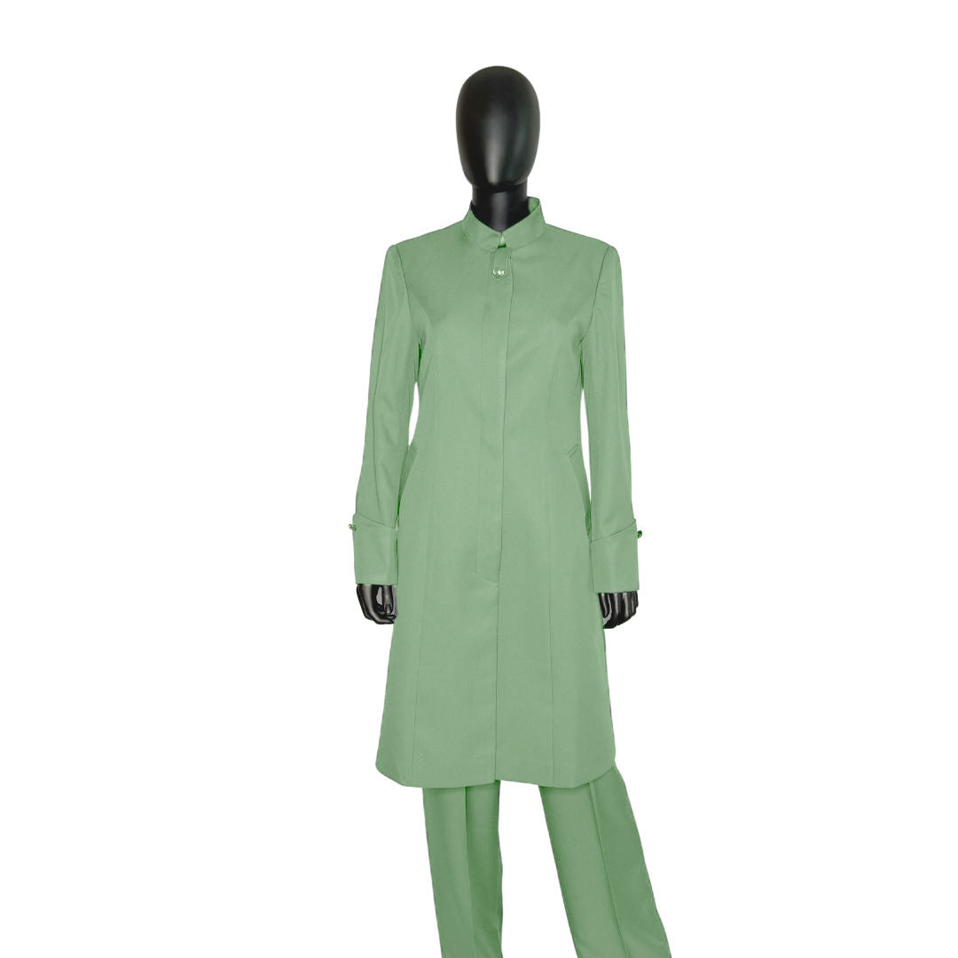 Whole body front view of the Hasana three-piece sage serenity garment on a mannequin, designed for Muslim sisters in the Nation of Islam who value women's modest clothing.