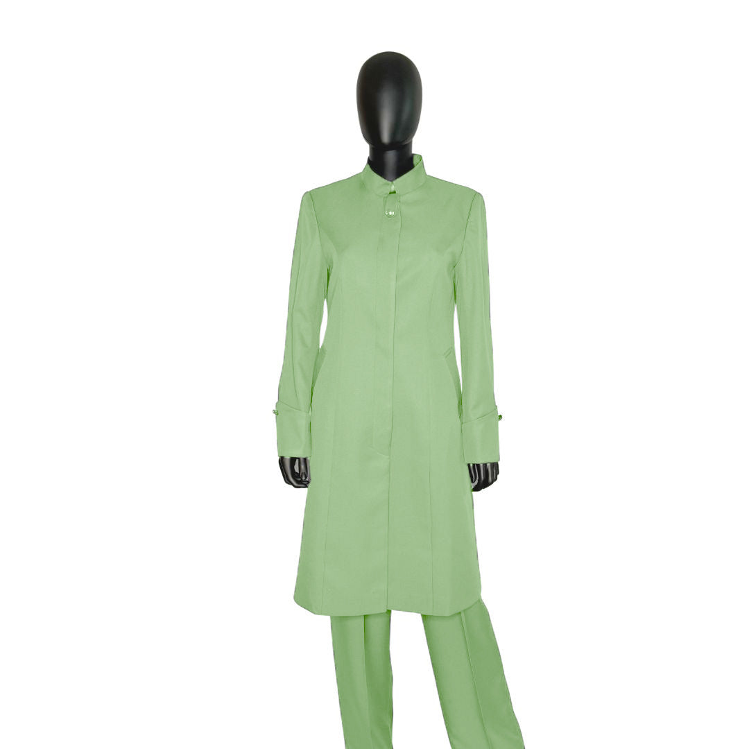 Whole body front view of the Hasana three-piece sage whisper garment on a mannequin, designed for Muslim sisters in the Nation of Islam who value women's modest clothing.