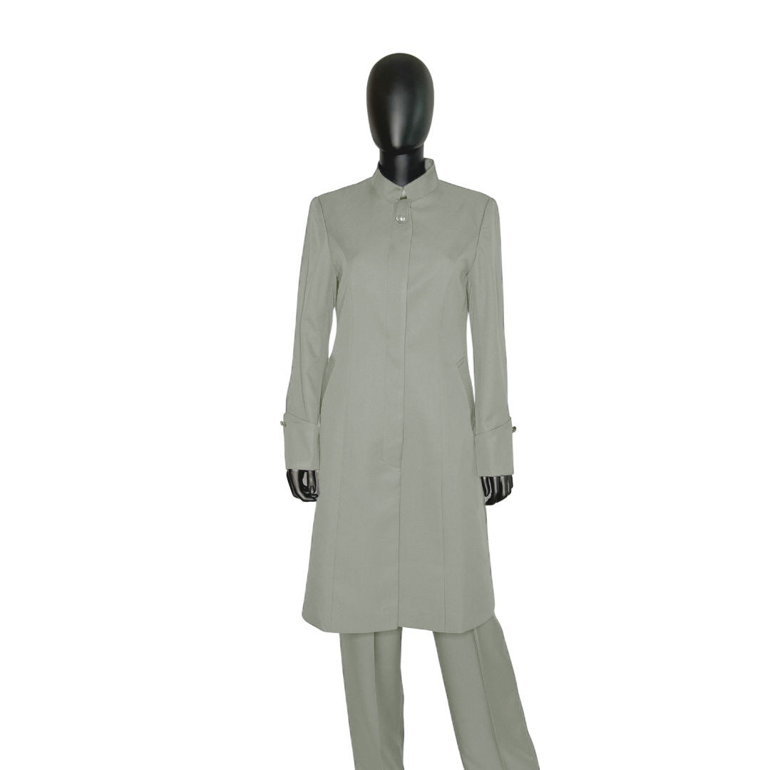 Whole body front view of the Hasana three-piece soft stone garment on a mannequin, designed for Muslim sisters in the Nation of Islam who value women's modest clothing.