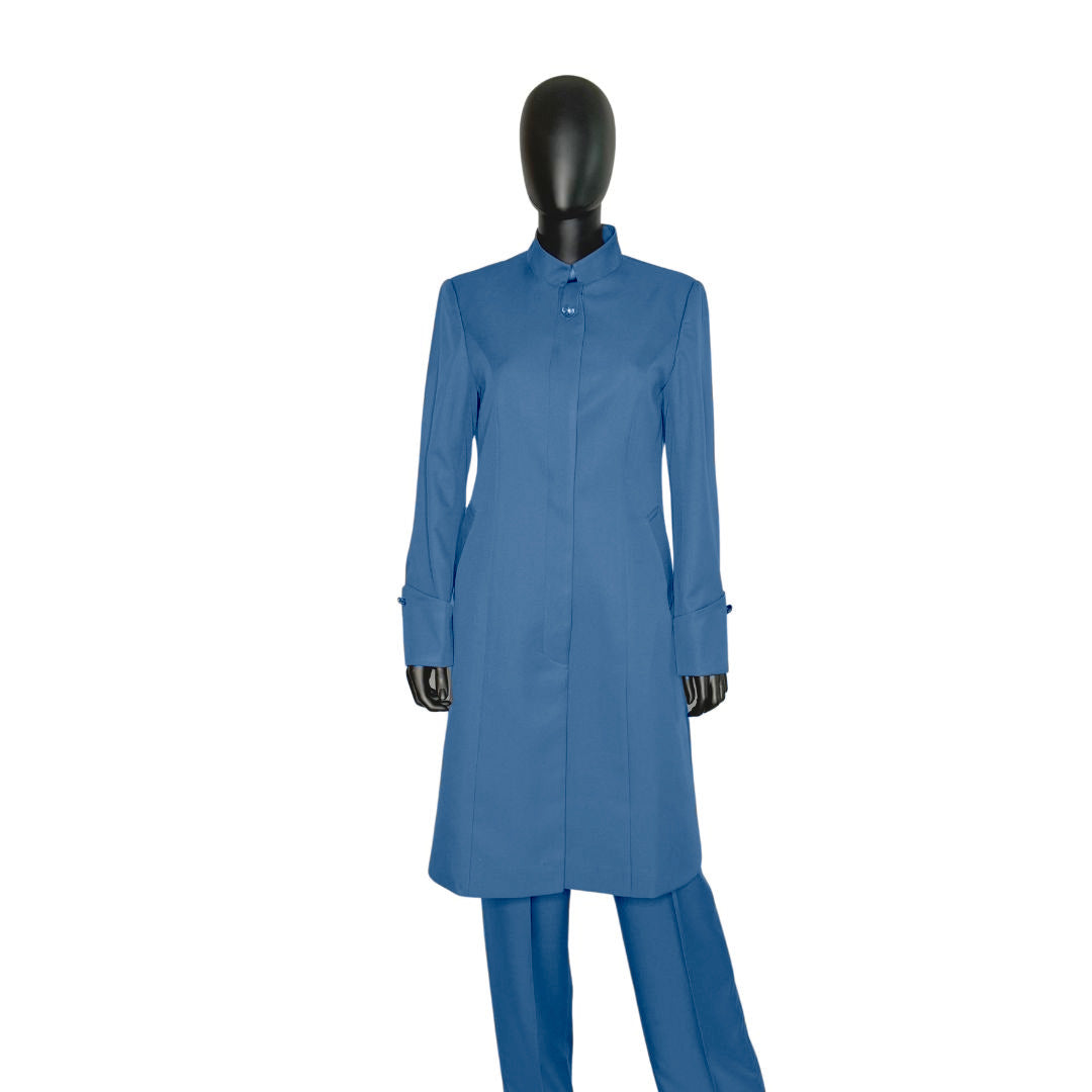 Whole body front view of the Hasana three-piece steel blow garment on a mannequin, designed for Muslim sisters in the Nation of Islam who value women's modest clothing.