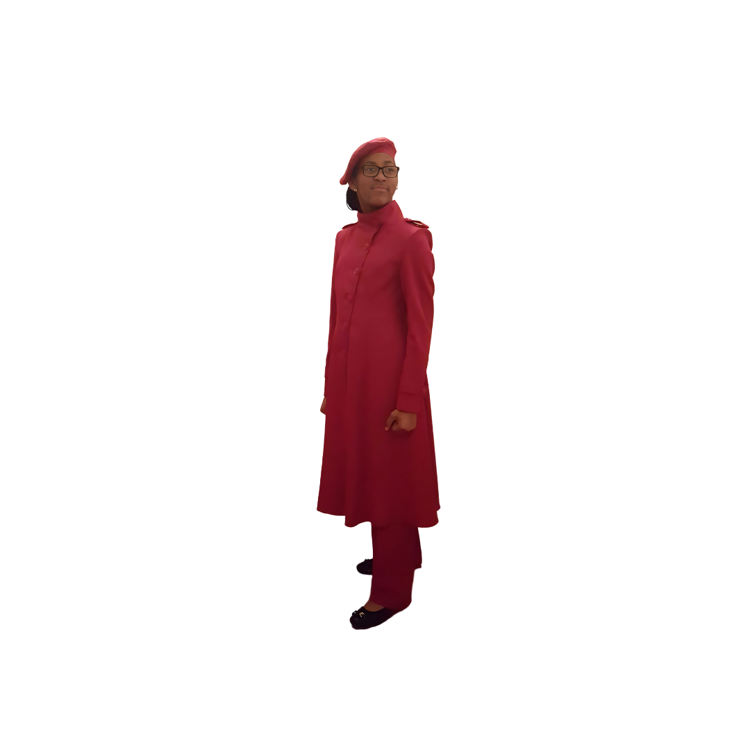 Full-body view of Kameelah modeling the Lailah three-piece red garment from a tilted front and side angle, designed for Muslim sisters in the Nation of Islam who value women's modest clothing. 2