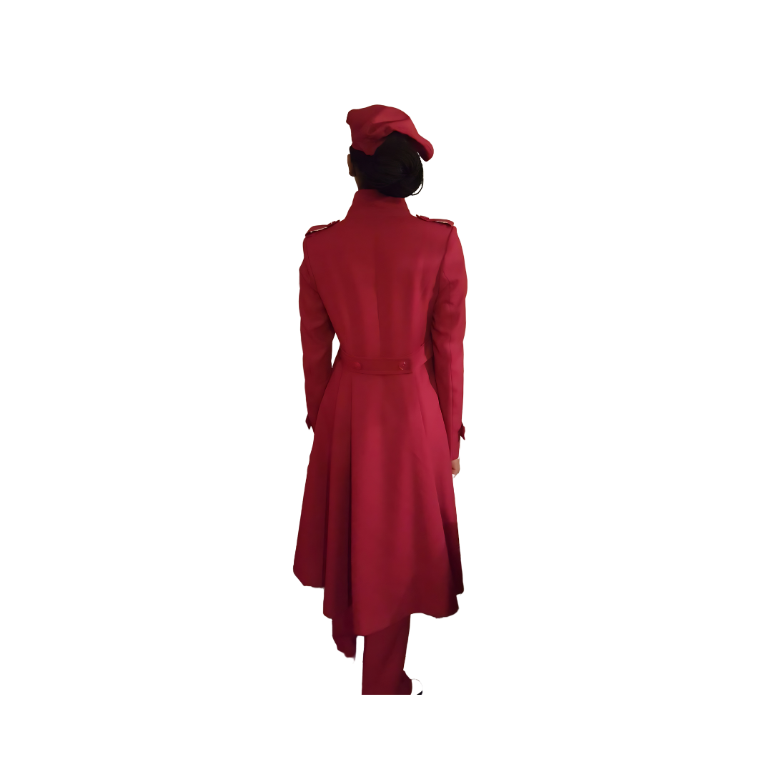 Full-body view of Kameelah modeling the Lailah three-piece red garment, designed for Muslim sisters in the Nation of Islam who value women's modest clothing.