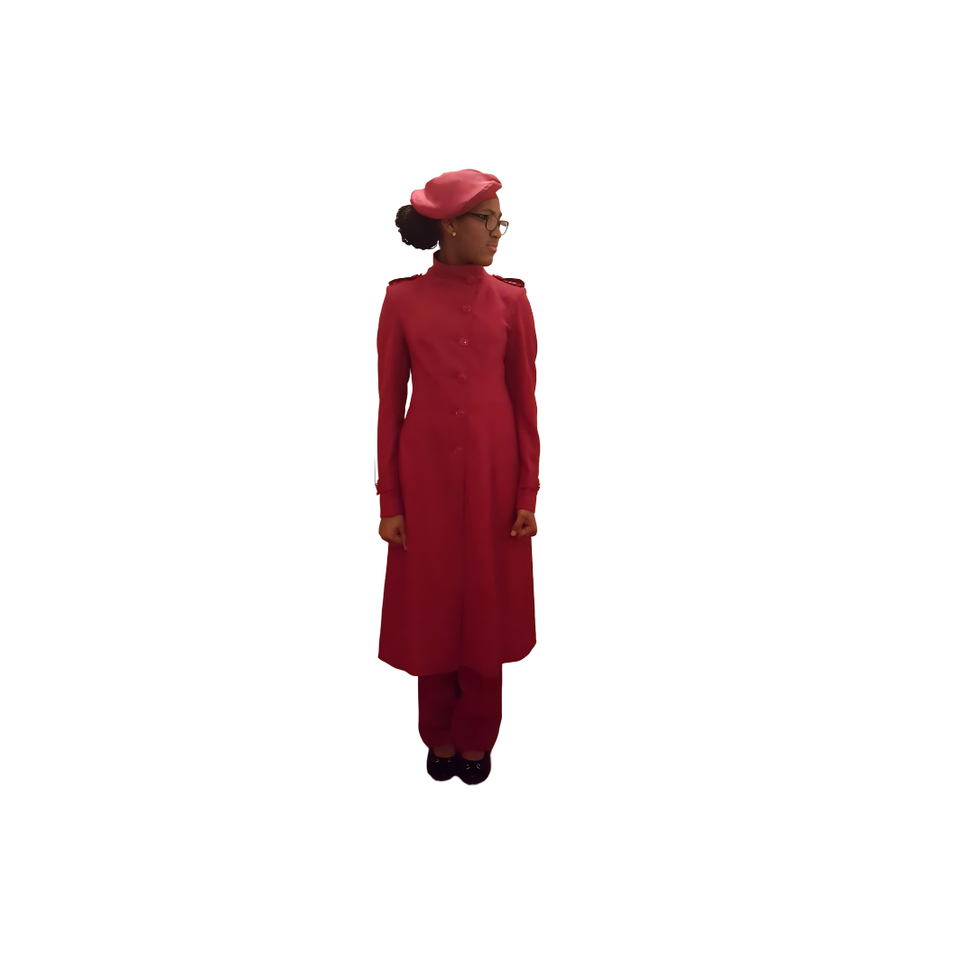 Full-body front view of Kameelah tilting her head and modeling the Lailah three-piece red garment, designed for Muslim sisters in the Nation of Islam who value women's modest clothing.