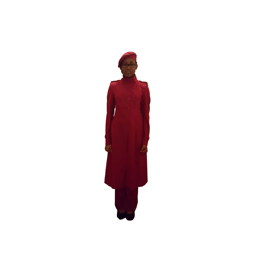 Full-body front view of Kameelah modeling the Lailah three-piece red garment, designed for Muslim sisters in the Nation of Islam who value women's modest clothing.