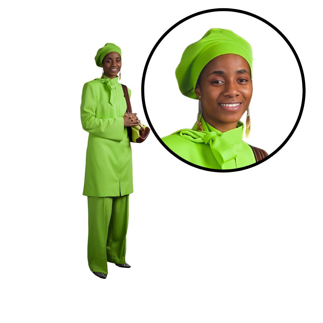 Close-up of Khadijah wearing an apple green three-piece Nation of Islam women's modest clothing set from Kameelah's Closet, focusing on her matching tam headpiece.