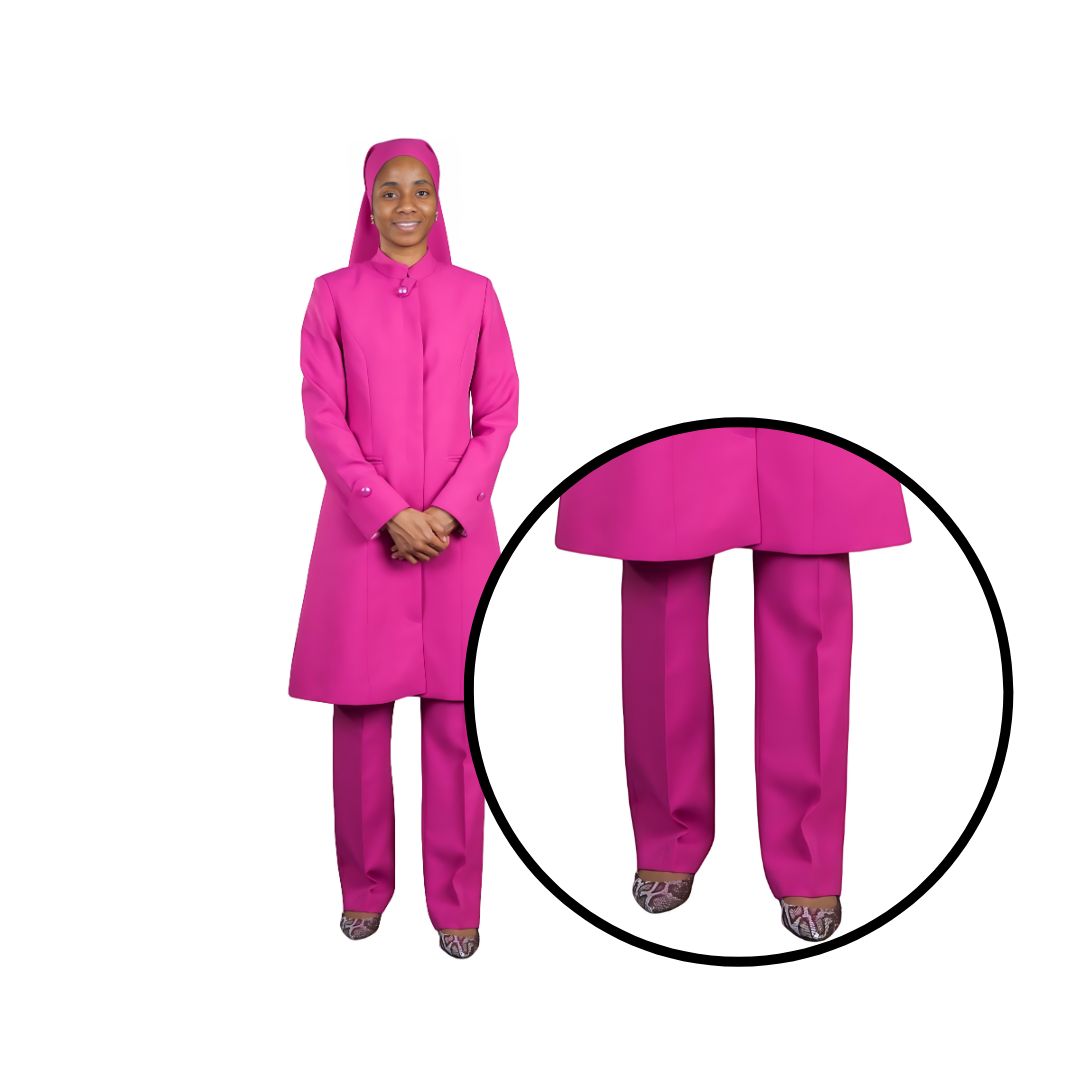 Close-up of Khadijah wearing a pink three-piece Nation of Islam women's modest clothing set from Kameelah's Closet, highlighting the slacks and their tailored fit.