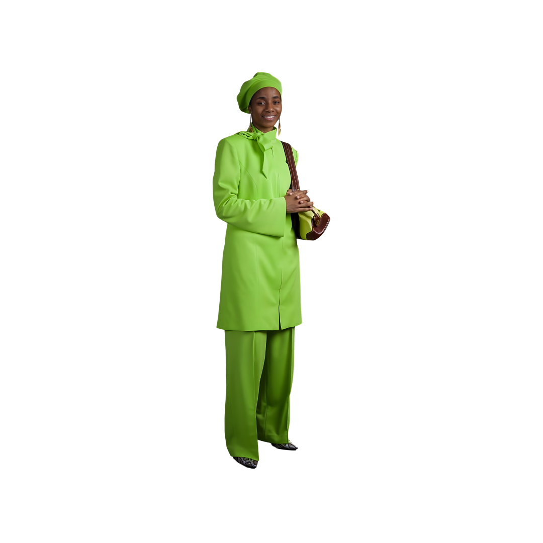 Full-body view of Khadijah modeling the Sleek three-piece apple green garment from a tilted front and side angle, designed for Muslim sisters in the Nation of Islam who value women's modest clothing.