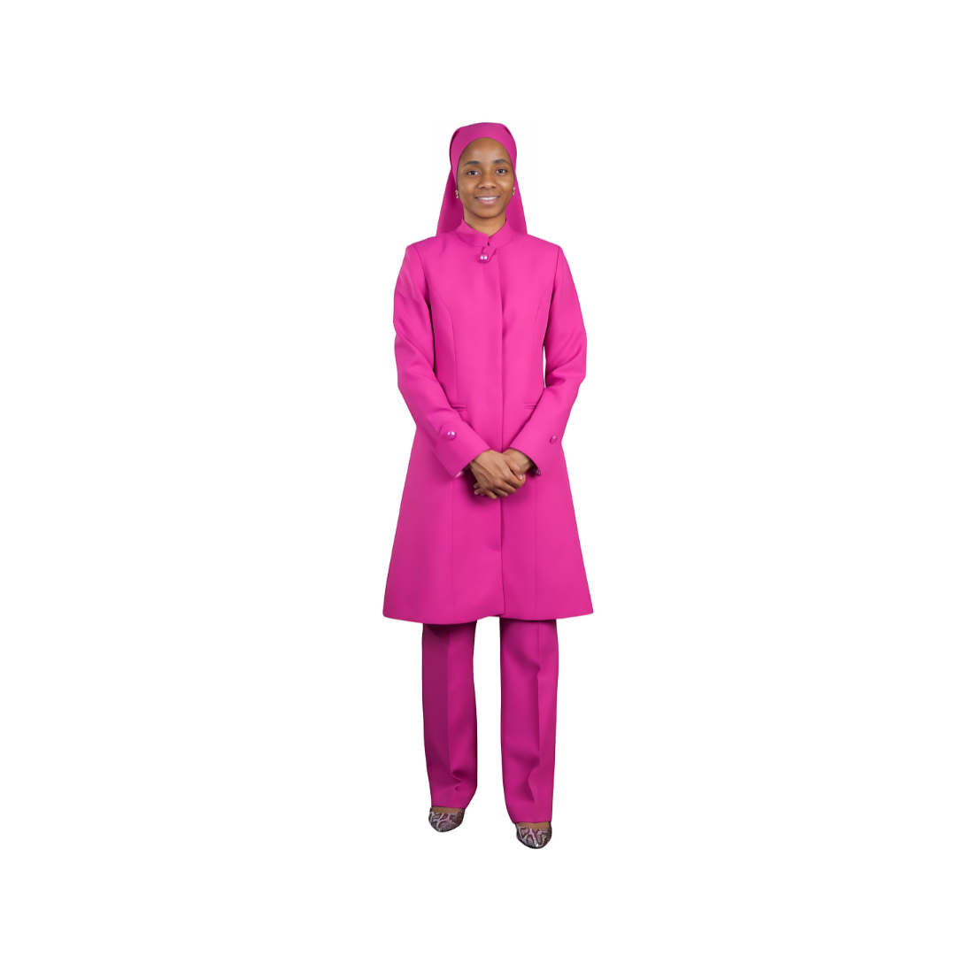 Full-body view of Khadijah modeling the Hasana three-piece pink garment from a front angle, designed for Muslim sisters in the Nation of Islam who value women's modest clothing.