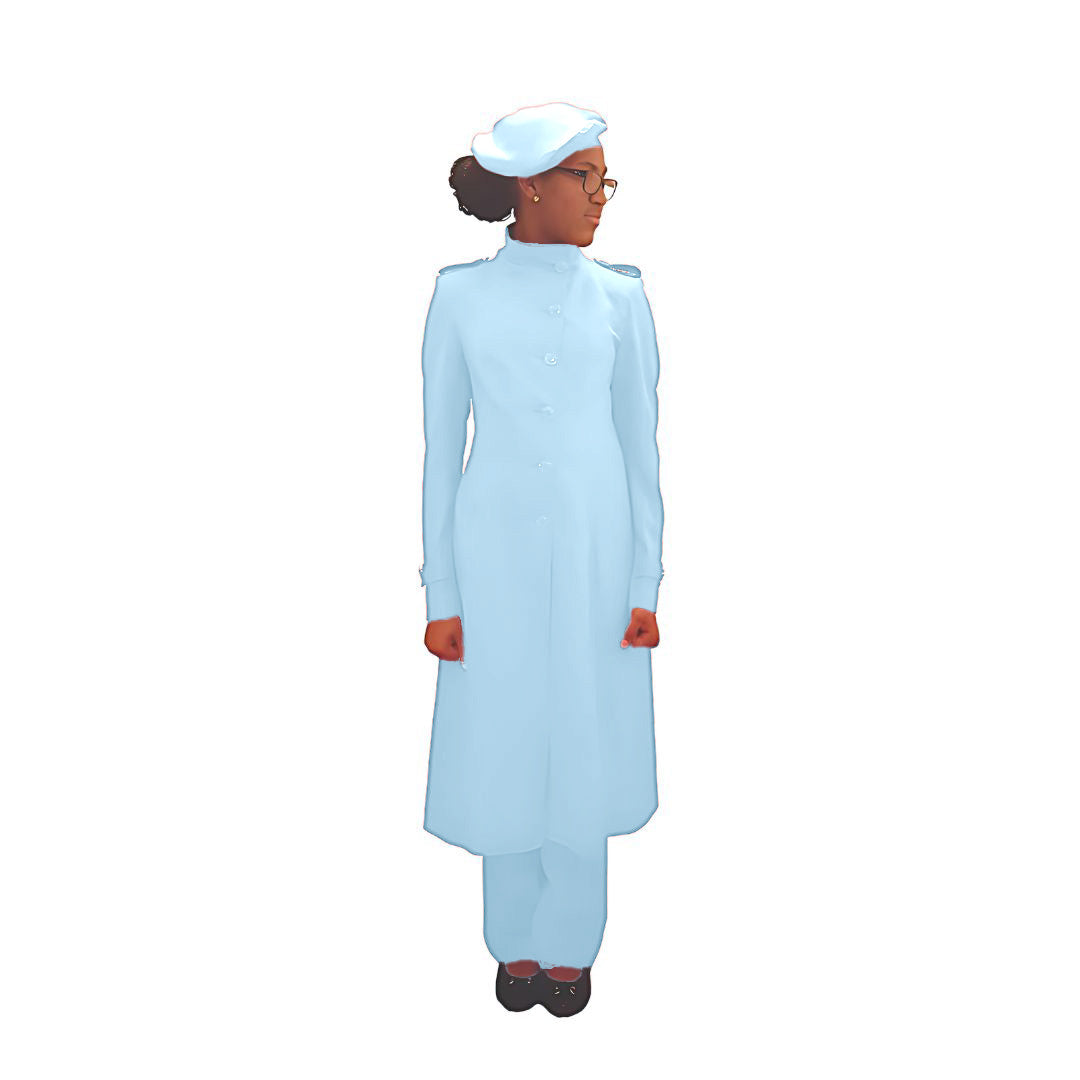 Full-body front view of the Laila three-piece baby blue garment worn by Kameelah, designed for Muslim sisters in the Nation of Islam who value women's modest clothing.