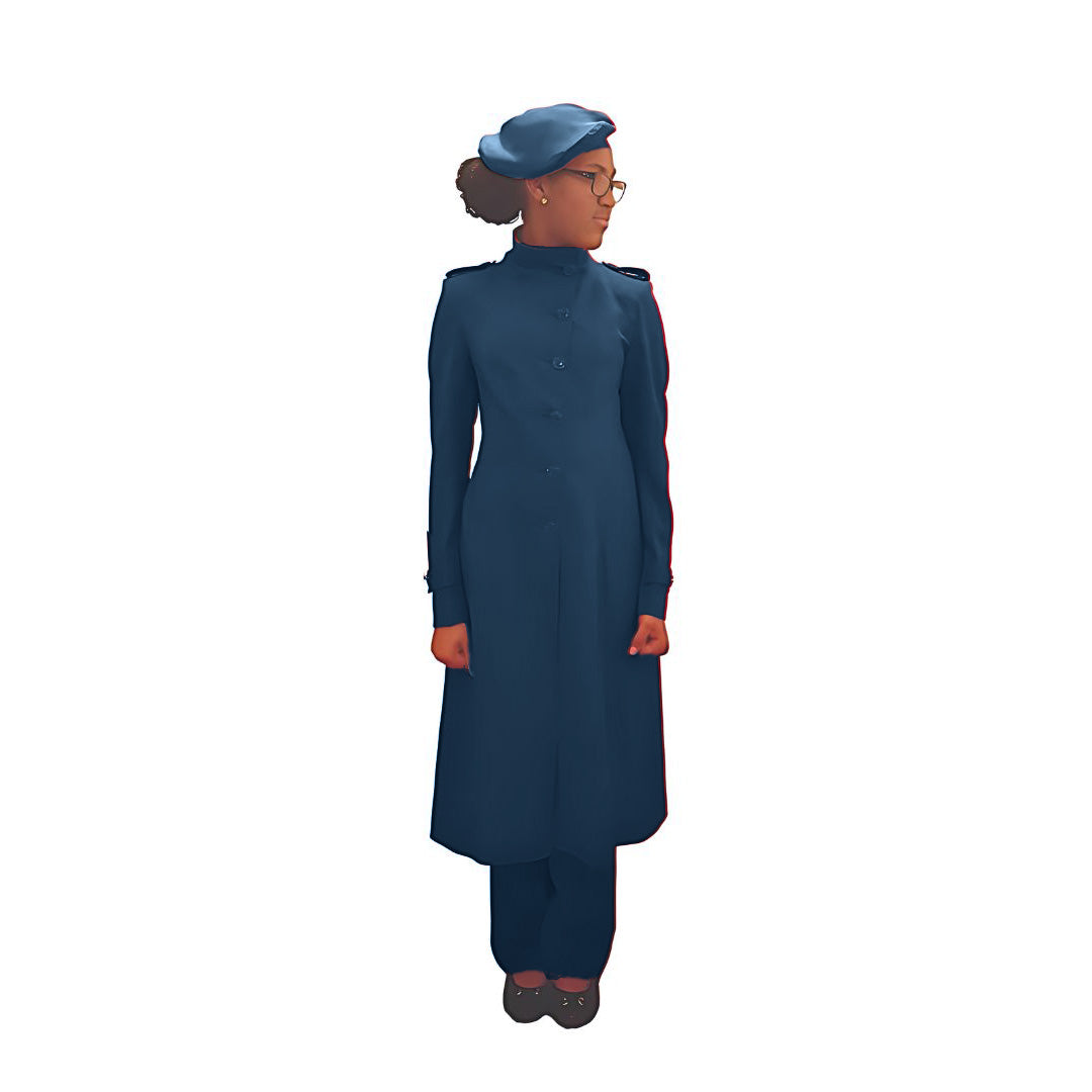 Full-body front view of the Laila three-piece blue onyx garment worn by Kameelah, designed for Muslim sisters in the Nation of Islam who value women's modest clothing.