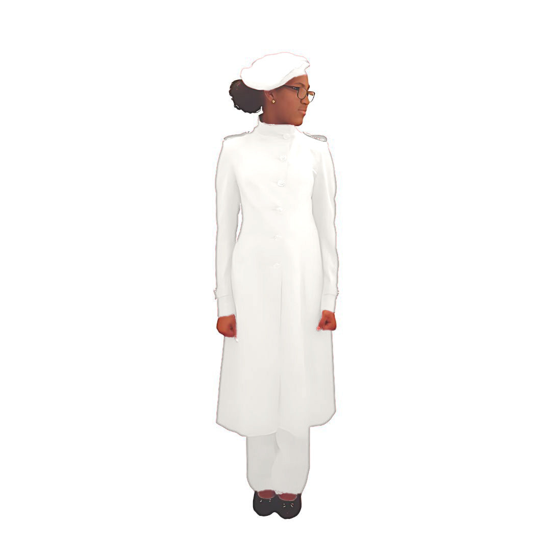 Full-body front view of the Laila three-piece brilliant white garment worn by Kameelah, designed for Muslim sisters in the Nation of Islam who value women's modest clothing.