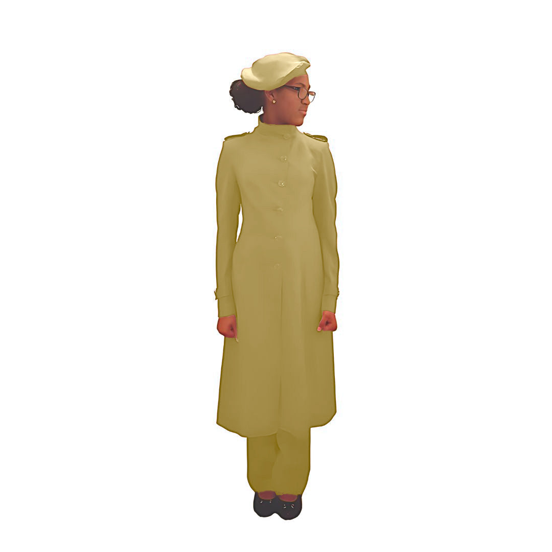 Full-body front view of the Laila three-piece brush garment worn by Kameelah, designed for Muslim sisters in the Nation of Islam who value women's modest clothing.